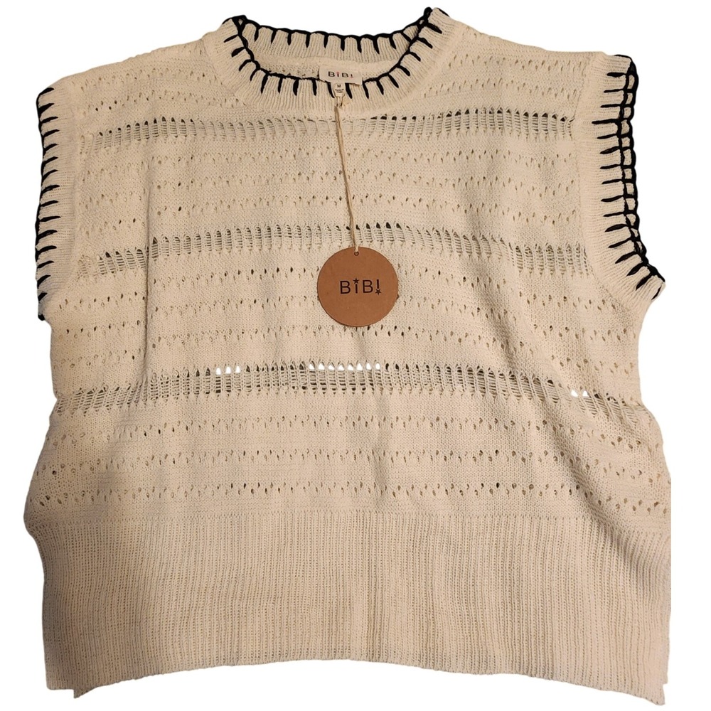 BiBi! Cream Sleeveless Knit Sweater Top with Black Stitching - Medium